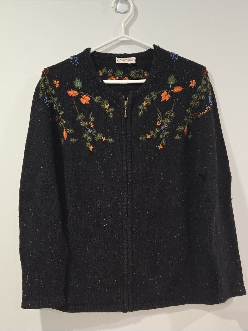 Retro Embroidered Black Zip-Up Grandmacore/Cottagecore Cardigan Sweater